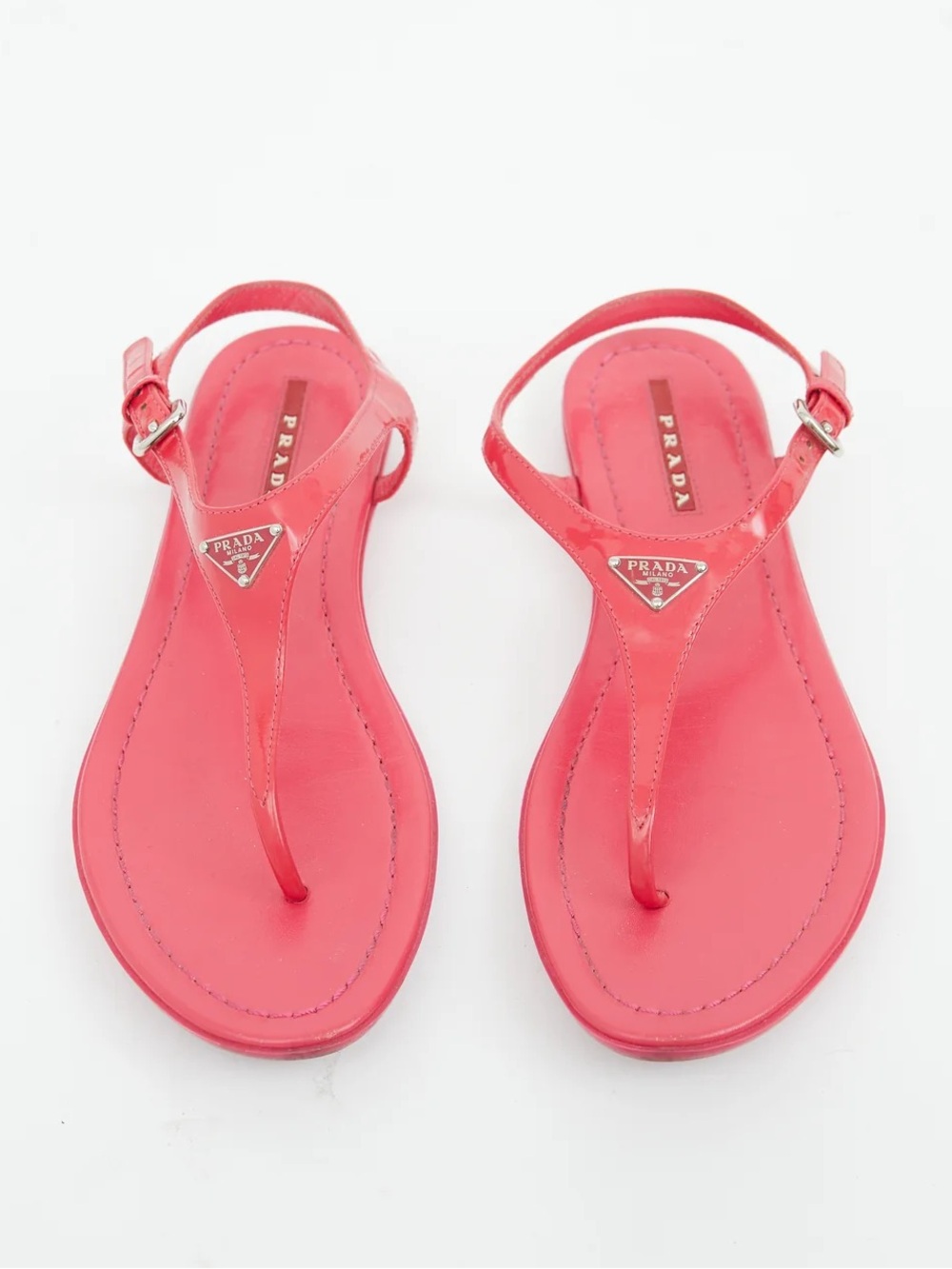 Prada Triangle Logo T Strap Patent Leather Pink Thong Flat Sandals
